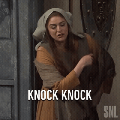 Woman Standing In Front Of Door Saying Knock Knock GIF