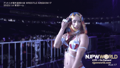 Woman Standing In Front Of Fence With Njpwworld GIF