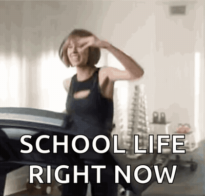 Woman Standing In Front Of Treadmill Saying School Life Right Now GIF