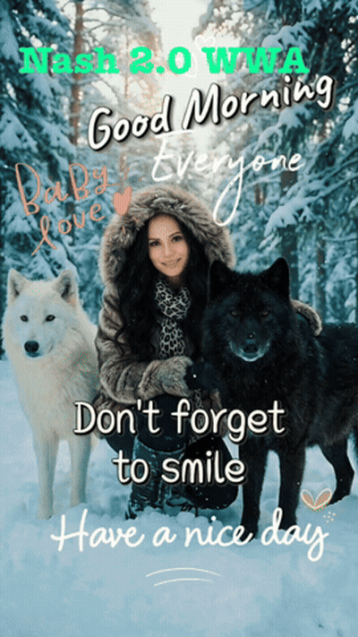 Woman Standing In Snow With Two Wolves Says Good Morning Everyone GIF