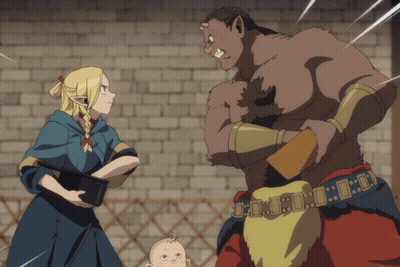 Woman Standing Next To Monster With Belt Saying 00 GIF