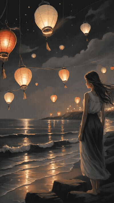 Woman Standing On Beach Looking At Lanterns GIF