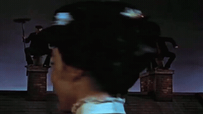 Woman Standing On Chimney With Broom In Hair GIF