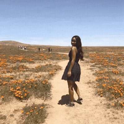 Woman Standing On Dirt Path In Flower Field GIF