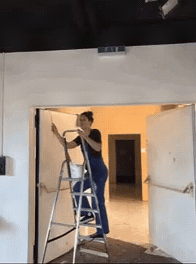 Woman Standing On Ladder In Front Of Door GIF