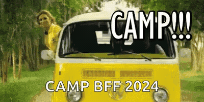 Woman Sticking Head Out Of Yellow Van Camp BFF 2024 GIF