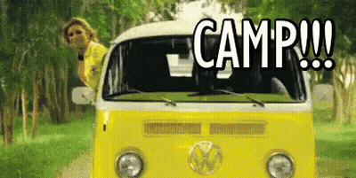 Woman Sticking Head Out Of Yellow Van Saying Camp!!! GIF