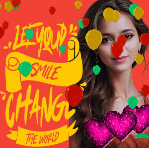 Woman Surrounded By Balloons And Hearts Let Your Smile Change The World GIF