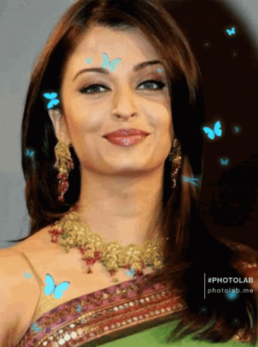 Woman Surrounded By Blue Butterflies GIF