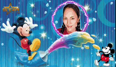 Woman Surrounded By Mickey Mouse And Rainbow Splash GIF