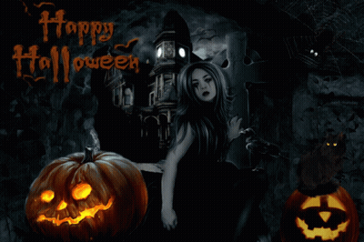 Woman Surrounded By Pumpkins Saying Happy Halloween GIF