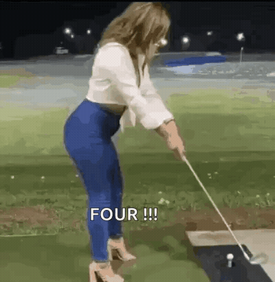 Woman Swinging Golf Club Saying Four