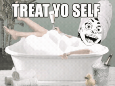 Woman Taking A Bath With Towel On Head Saying Treat Yo Self GIF