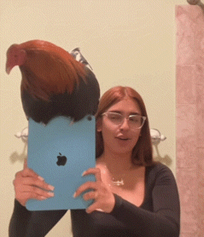 Woman Taking Selfie With Rooster On Head GIF