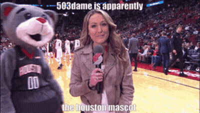 Woman Talking Into Microphone Next To Houston Mascot GIF