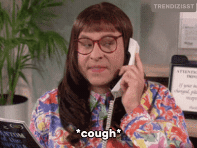 Woman Talking On Phone With Cough Above Head GIF