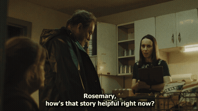 Woman Talking To Man In Kitchen Rosemary How's That Story Helpful Right Now GIF