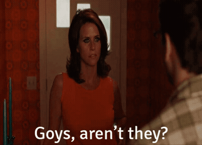 Woman Talking To Man Saying Goys Arent They GIF