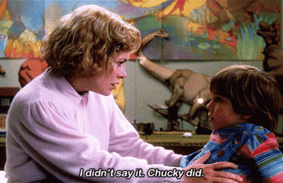 Woman Telling Child I Didn't Say It Chucky Did GIF