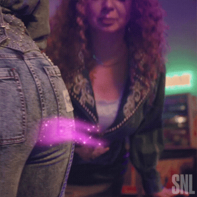 Woman Touching Another Woman's Butt With Purple Glow GIF