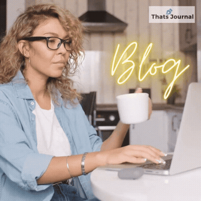 Woman Typing Laptop With Coffee And Neon Blog Sign GIF
