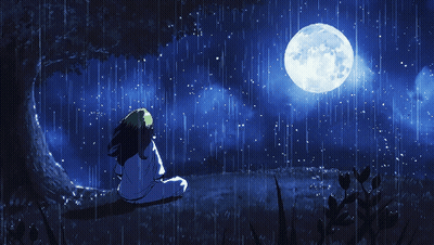 Woman Under Tree In Rain Looking At Moon GIF