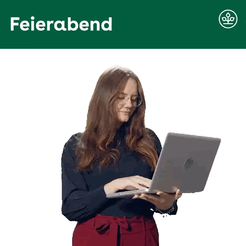 Woman Using Laptop With Feierabend Sign Sticker