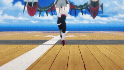 Woman Walking On Wooden Deck With Helicopter GIF