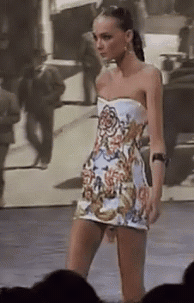 Woman Walking Runway In Strapless Dress GIF