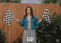 Woman Waving Checkered Flag Saying Go GIF