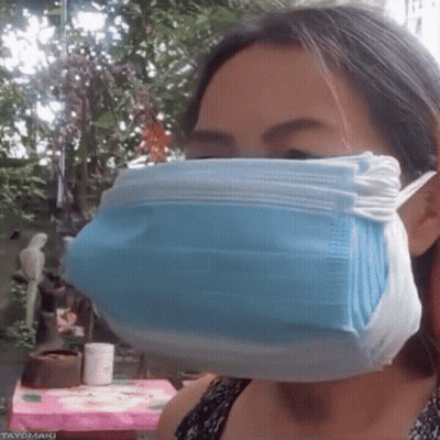 Woman Wearing Blue Face Mask With Tayomaki GIF