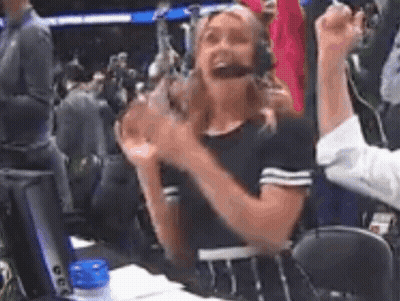 Woman Wearing Headphones And Microphone With Hands Up GIF