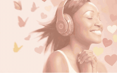 Woman Wearing Headphones With Butterflies And Hearts GIF