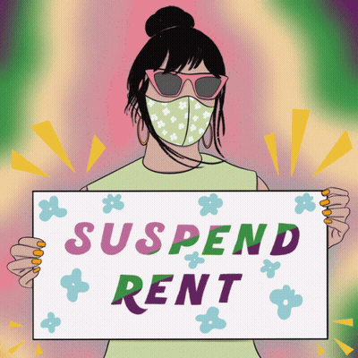 Woman Wearing Mask And Sunglasses Holding Suspend Rent Sign GIF