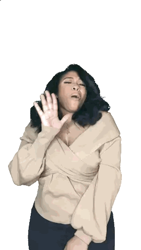 Woman Wearing Tan Off Shoulder Top Making Face Sticker