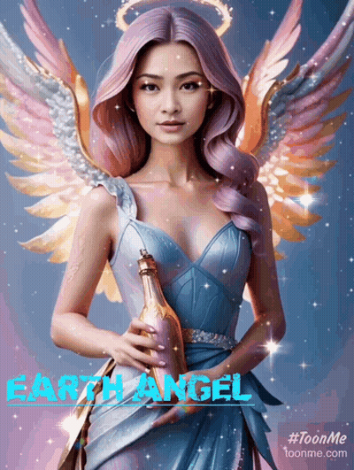 Woman With Angel Wings Holding Earth Angel Bottle GIF
