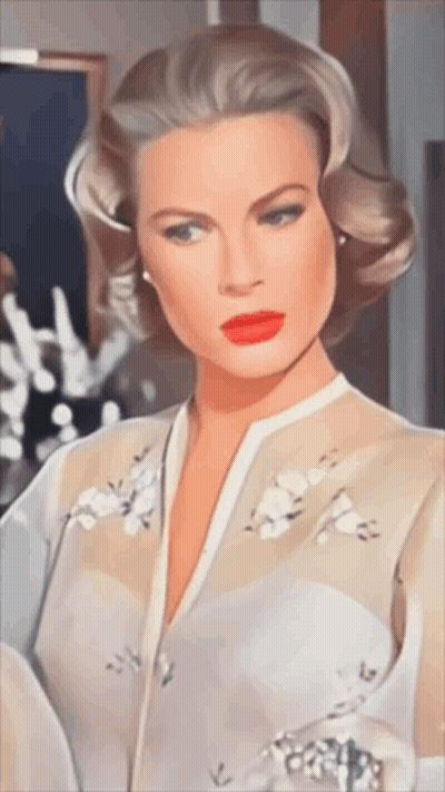 Woman With Blonde Hair And Red Lipstick In White Shirt GIF
