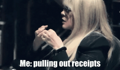 Woman With Blonde Hair And Sunglasses Says Me Pulling Out Receipts GIF