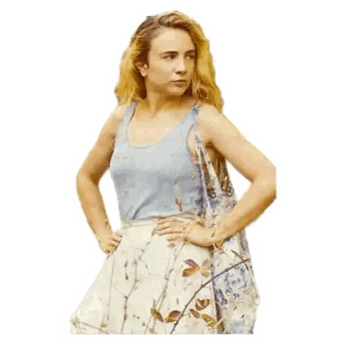 Woman With Blonde Hair In White Skirt And Blue Tank Top Sticker