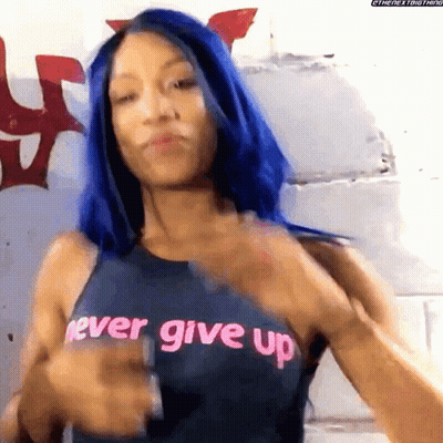 Woman With Blue Hair And Never Give Up Shirt GIF