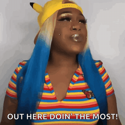 Woman With Blue Hair And Pikachu Hat Says Out Here Doin The Most GIF