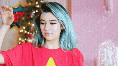 Woman With Blue Hair In Red T-Shirt With Yellow A GIF