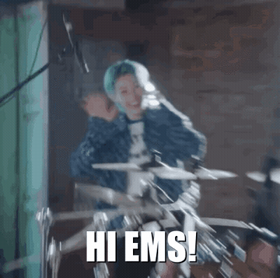Woman With Blue Hair Playing Drums Saying Hi Ems GIF