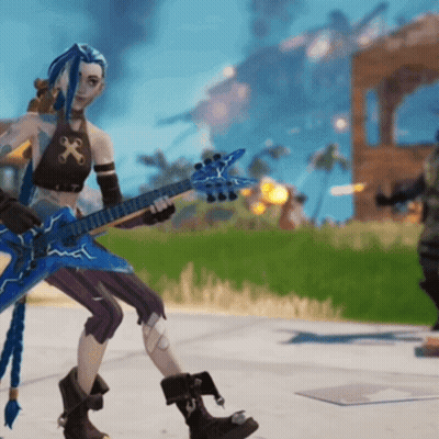 Woman With Blue Hair Playing Guitar In Video Game GIF