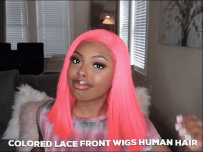 Woman With Bright Pink Hair And Colored Lace Front Wigs GIF