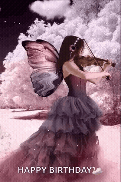 Woman With Butterfly Wings Playing Violin In Pink Dress GIF