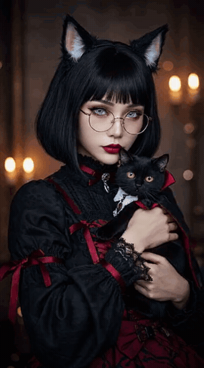 Woman With Cat Ears and Glasses Holding Black Cat