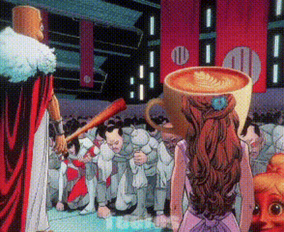 Woman With Coffee On Head And Man With Bat GIF