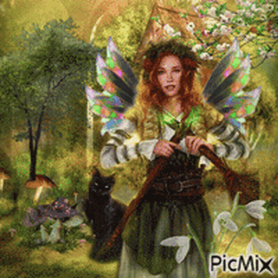 Woman With Fairy Wings Holding Sword And Black Cat GIF