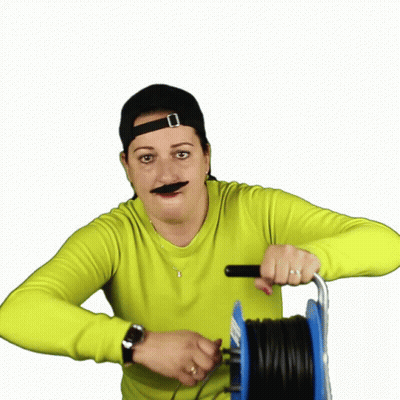 Woman With Fake Mustache Holding Wires GIF